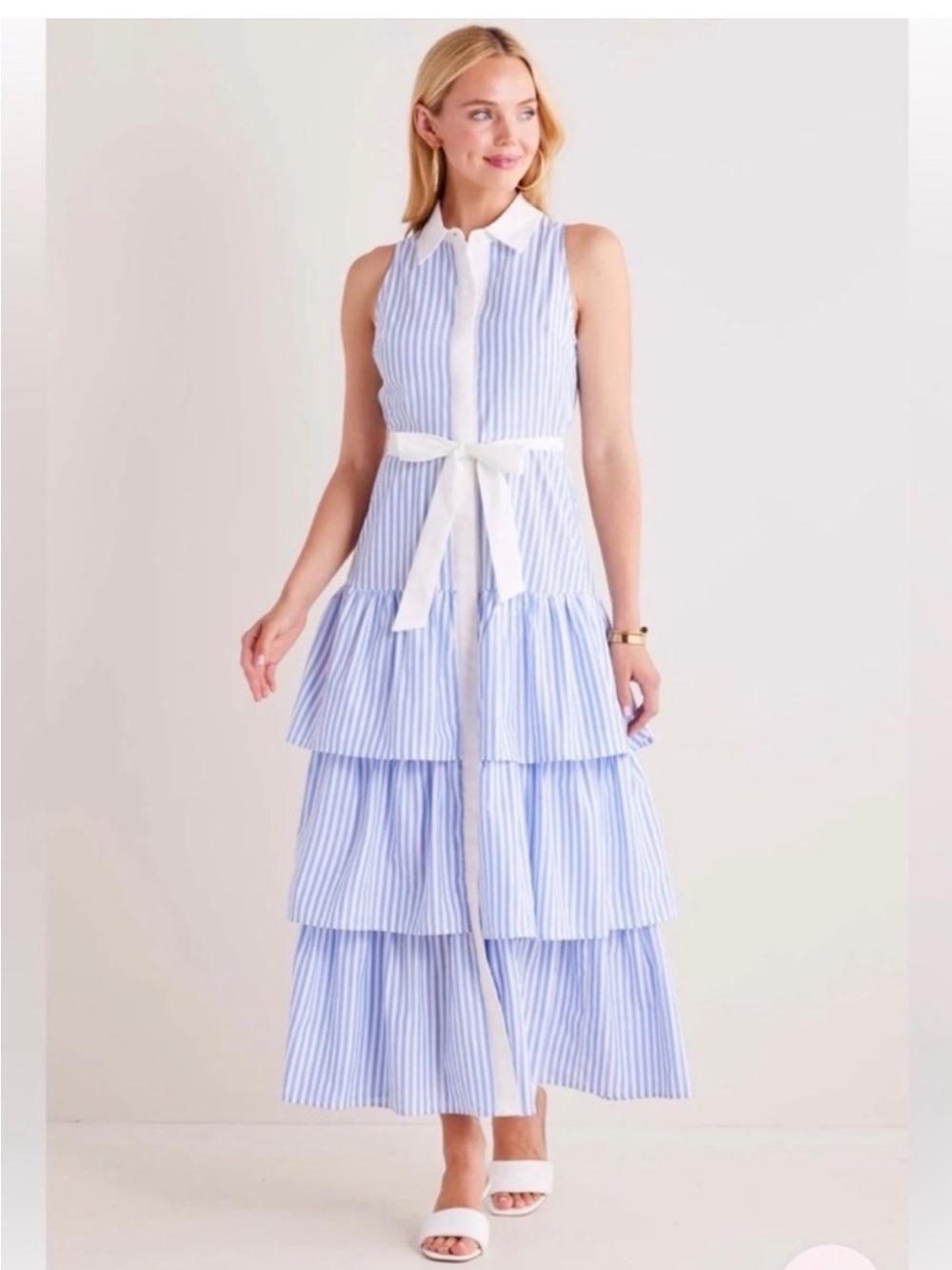 Sleeveless Blue & White Striped Tiered Maxi Dress with Waist Tie